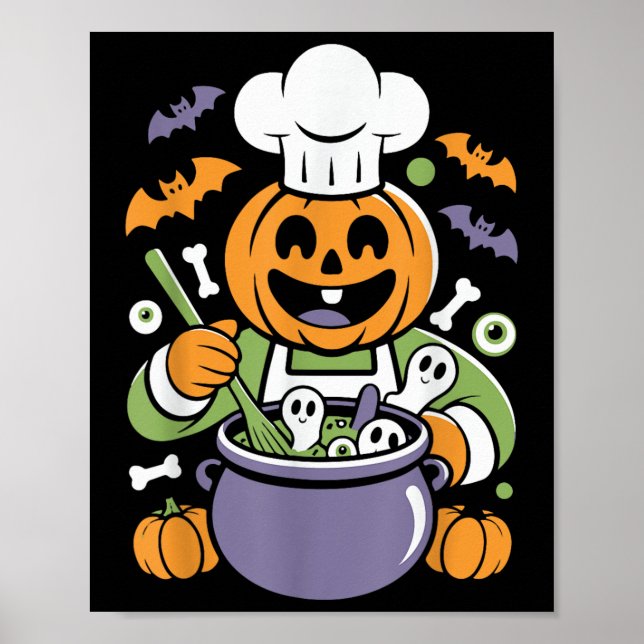 Poster Drôle Chef Citrouille Cuisine Halloween Cauldron D (Devant)