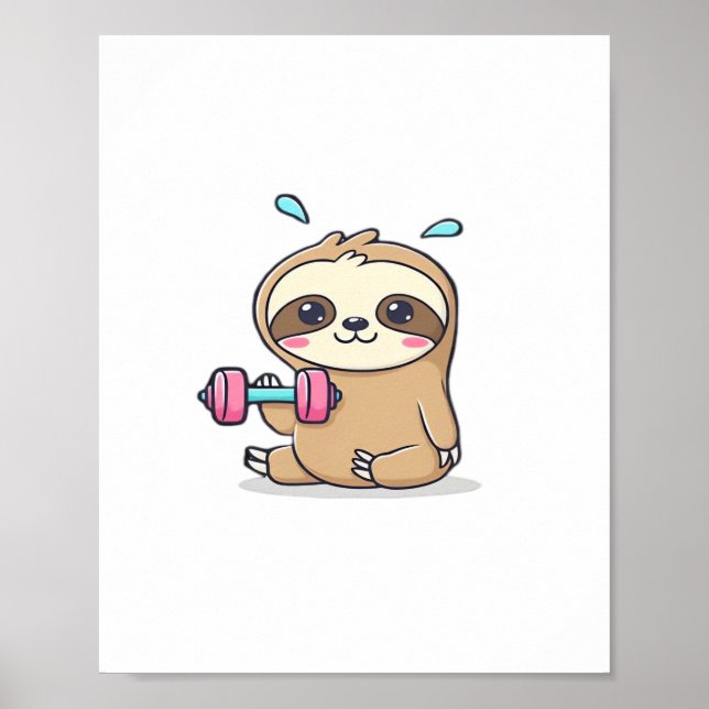 Poster Drôle Chibi Sloth Workout Cute Kawaii Gym Cartoon (Devant)