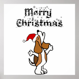 Poster Drôle Chien Beagle chantant des canons de Noël
