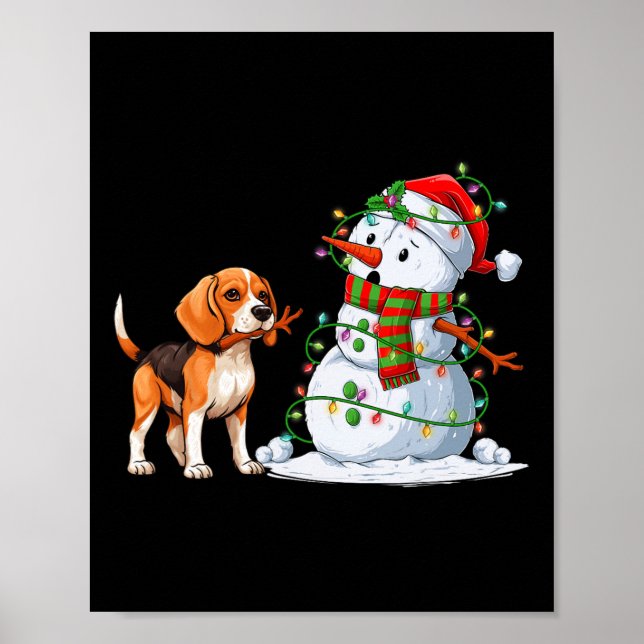 Poster Drôle chien Beagle Snowman feux de Noël Xma (Devant)