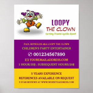 Poster Drôle Clown, Entertainer pour enfants, Publicité c