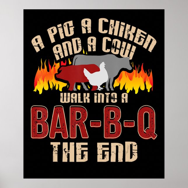 Poster Drôle Cochon Poulet Barre de Vache B Q Barbecue Ch (Devant)