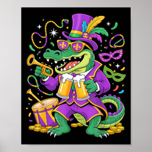 Poster Drôle d'alligator de Mardi Gras buvant des perles