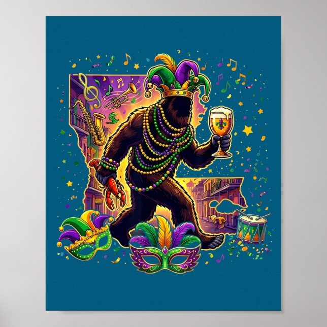 Poster Drôle de Bigfoot Mardi Gras Sasquatch Cryptide (Devant)