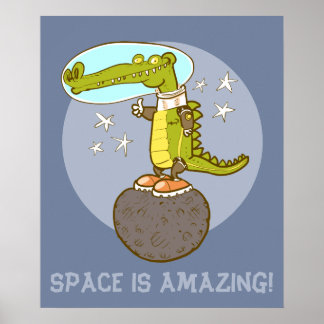 Poster drôle de crocodile dans l'espace dessin animé