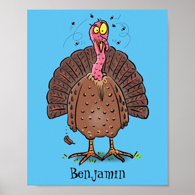 Poster Drôle dinde marron de la ferme avec des mouches de (Devant)