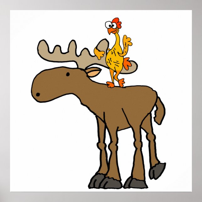 Poster Drôle en caoutchouc Poulet équitation Moose Cartoo (Devant)