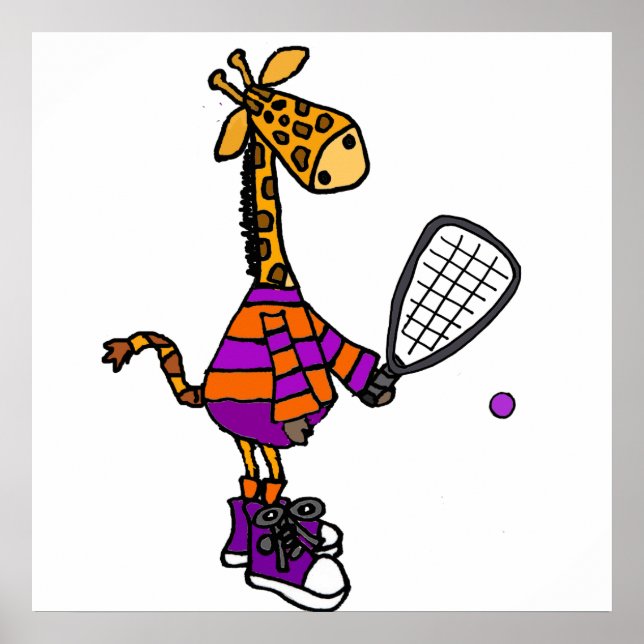 Poster Drôle Giraffe Jouer Racquetball Cartoon (Devant)