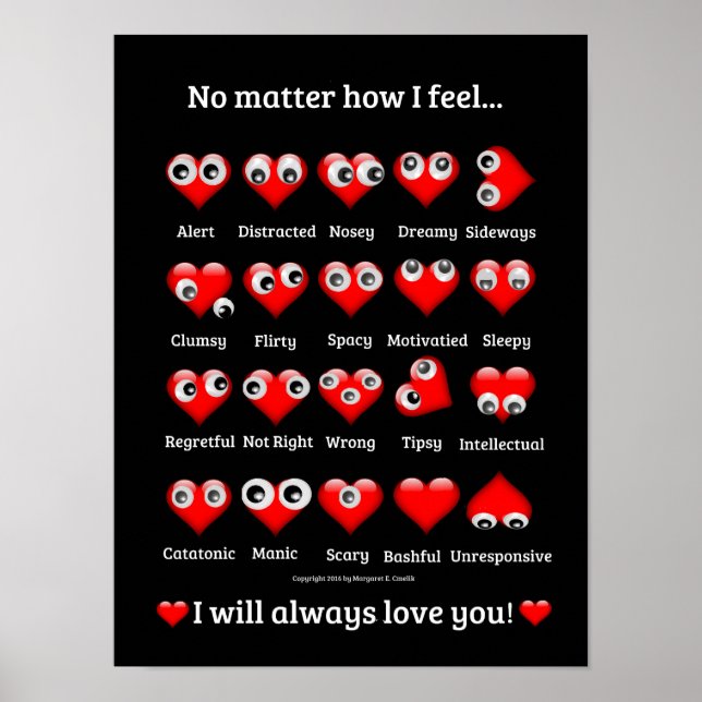 Poster Drôle Googly Eyes, Valentine Hearts, Je t'aime (Devant)