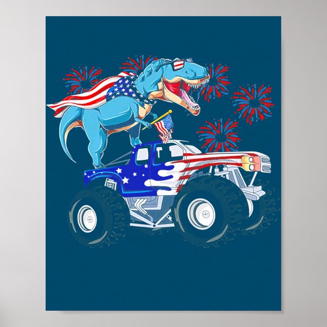 Poster Drôle Joyeux 4 juillet Dinosaur Monster Truck T (Devant)