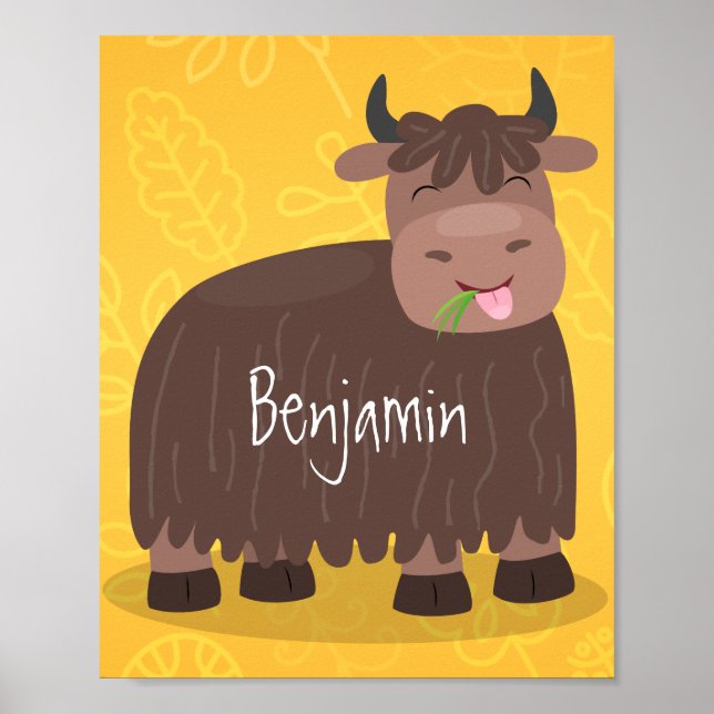 Poster Drôle joyeux yak mangeant de l'herbe dessin d'illu (Devant)