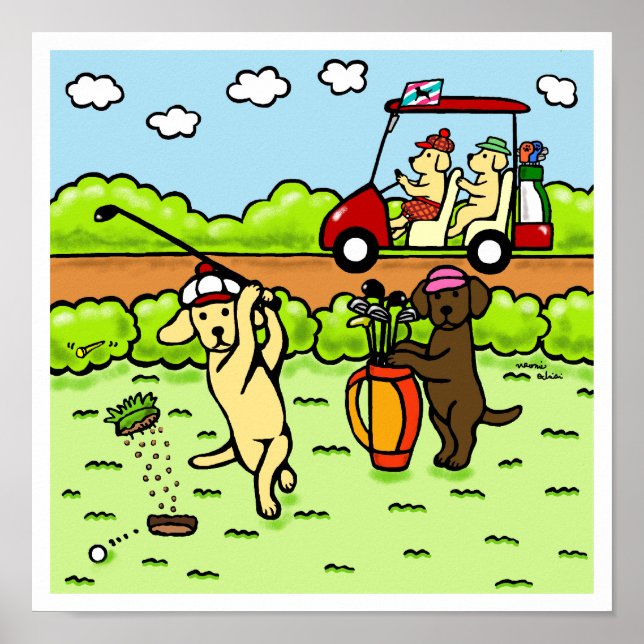 Poster Drôle Labrador Golfers Cartoon Yellow Lab (Devant)