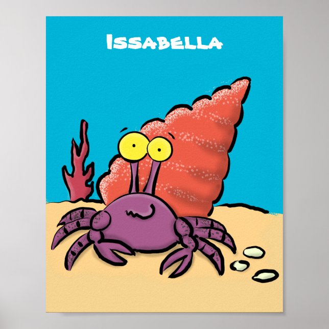Poster Drôle mignon caricature pourpre crabe ermite (Devant)