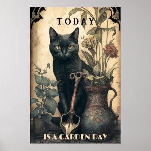 Poster Drôle mignon chat noir dans le jardin