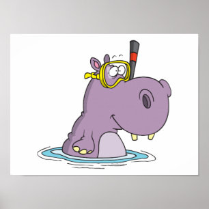 Poster drôle mignon snorkeling nage hippo