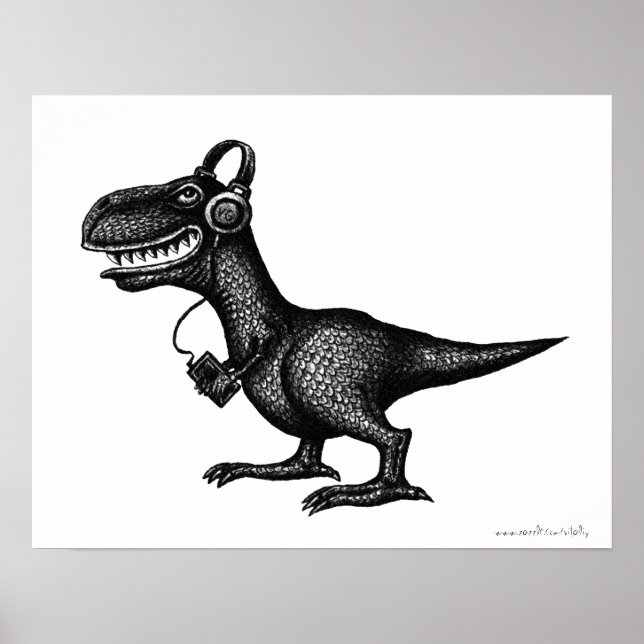 Poster Drôle musique dinosaure encre de stylo dessin d'ar (Devant)