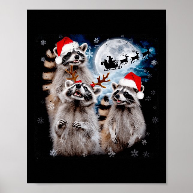 Poster Drôle Noël Moon Howling Raccoon Xmas Hommes (Devant)