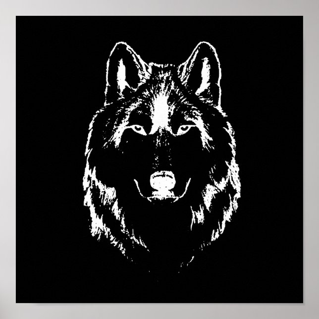 Poster Drôle noir et blanc tête de loup croquis (Devant)