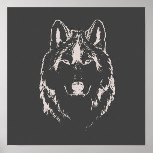 Poster Drôle noir et blanc tête de loup croquis