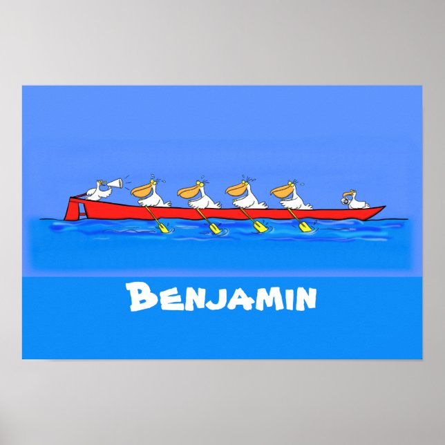 Poster Drôle pélicans rameurs dessin animé (Devant)