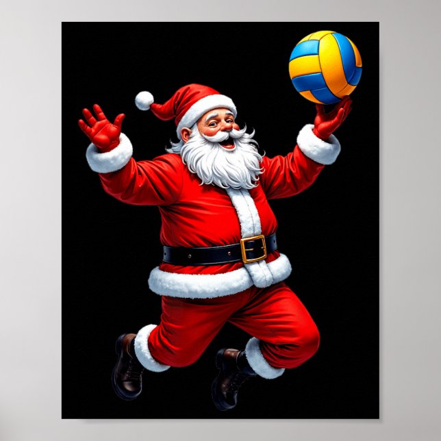 Poster Drôle Père Noël Jouer Volleyball Feux de Noël Xm (Devant)