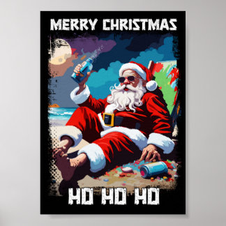 Poster Drôle Père Noël se relaxant sur la plage pop art