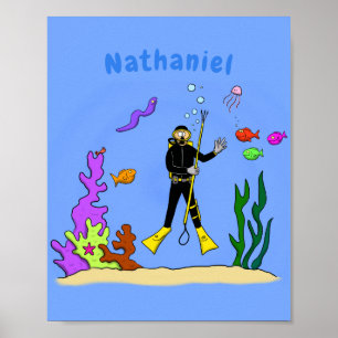 Poster Drôle plongeur et poisson mer créatures dessin ani