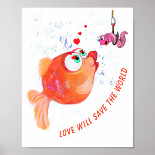 Poster drôle Poisson et ver amour Romantique
