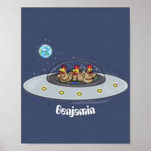 Poster Drôle poule dans l'espace dessin animé