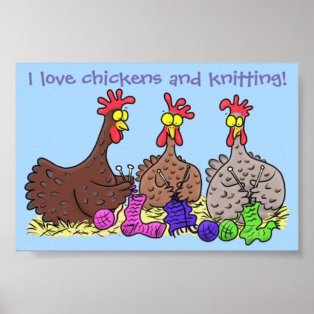 Poster Drôle poulet trio tricot dessin animé (Devant)