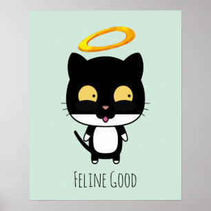Poster Drôle Pun Chat Noir Avec Un Carton En Halo D'Or