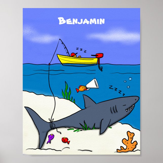 Poster Drôle requin couché et dessin animé de pêche (Devant)