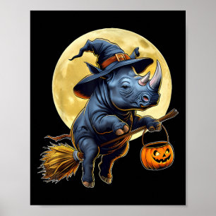 Poster Drôle Rhino Sorcière Casquette Citrouille Hallowee