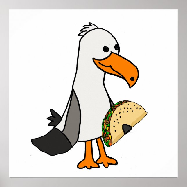 Poster Drôle Seagull Bird mangeant Taco Cartoon (Devant)