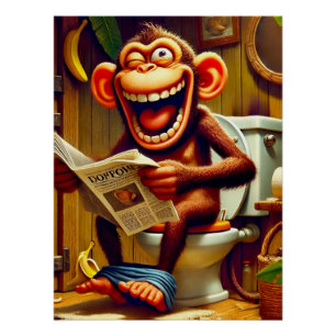 Poster Drôle singe caricature sur Toilet