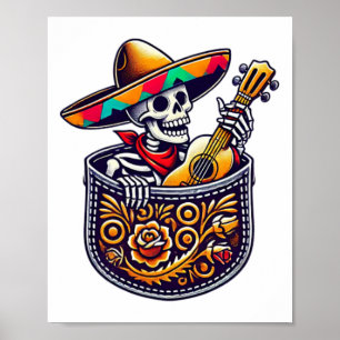 Poster Drôle Skeleton Mariachi Guitare Pocket Cinco De Ma