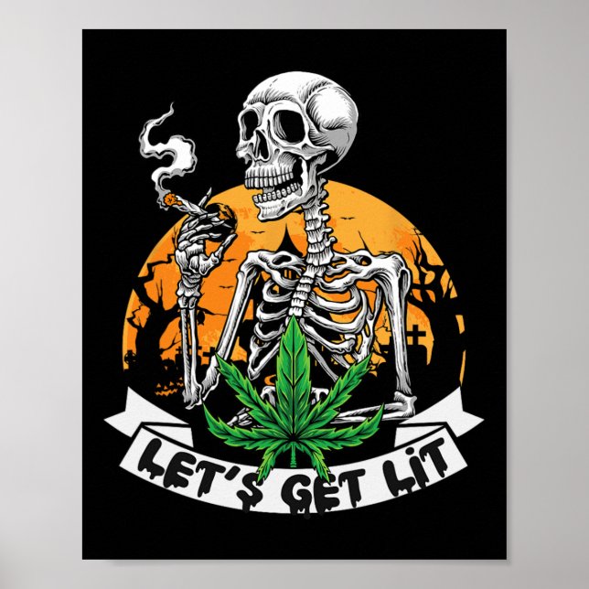 Poster Drôle Skeleton Stoner Fumer Weed Fumons Lit H (Devant)