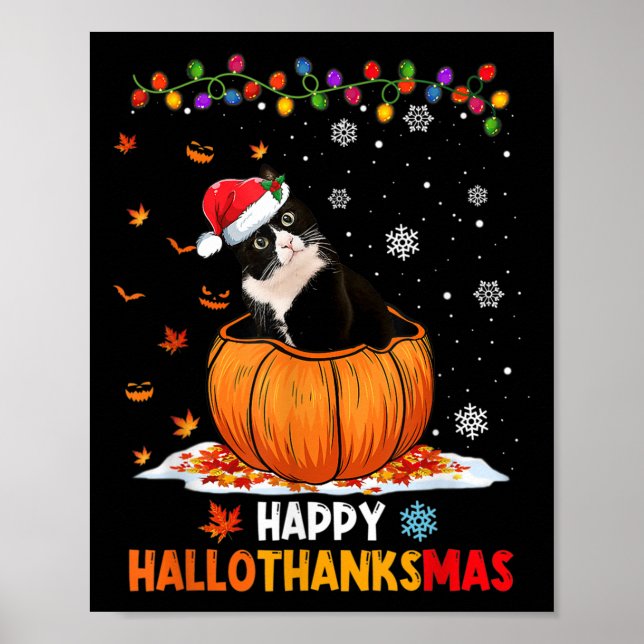 Poster Drôle Tuxedo Chat sur Citrouille Hallothanksmas Ha (Devant)