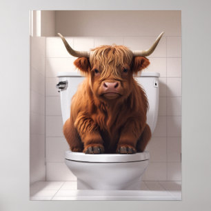 Poster Drôle vache Highland sur les toilettes Salle de ba