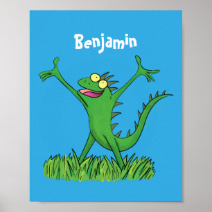 Poster Drôle vert souriant animé lézard d'iguane