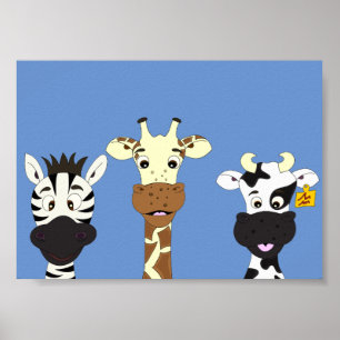 Poster Drôle zèbre girafe dessin animé de vache enfants p