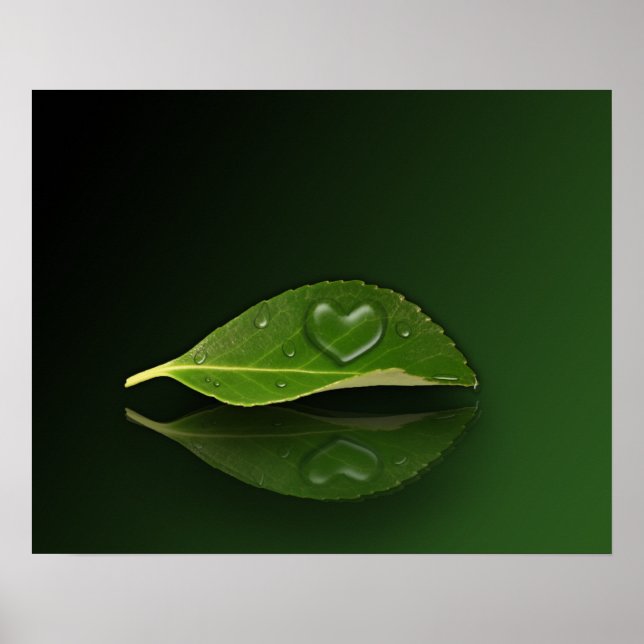 Poster Droplet en forme de coeur sur la feuille (Devant)