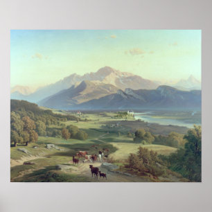 Poster Drover à cheval avec son bétail en montagne