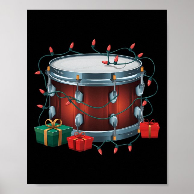 Poster Drummer Drum Xmas Éclairage Père Noël Drum musical (Devant)