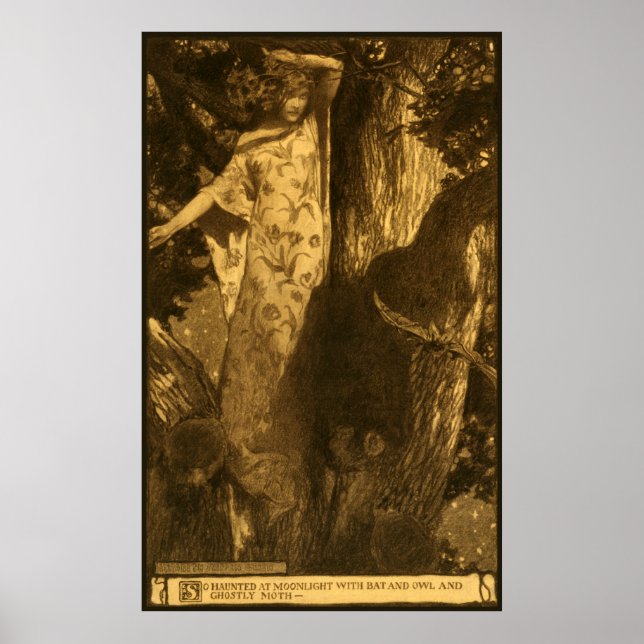 Poster Dryad Girl debout par arbre dans la lune hantée (Devant)