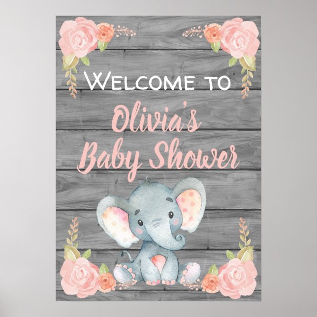 Poster du Baby shower de la fille Eléphant (Devant)