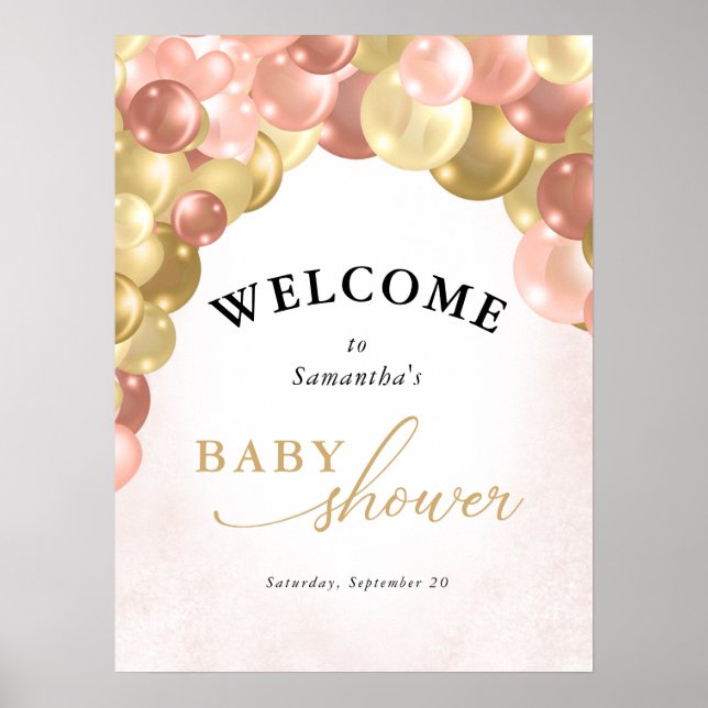 Poster du Baby shower de l'Arc à bulles rose et or (Devant)