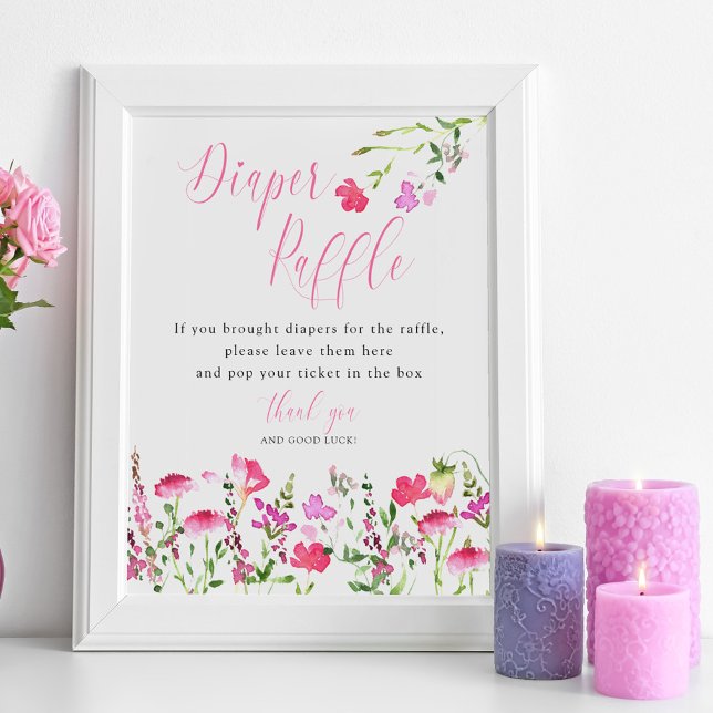 Poster du Baby shower Fleur sauvage rose de la cou (Diaper Raffle Game Sign from my Pink Wildflower Collection. Message me to create more items.)