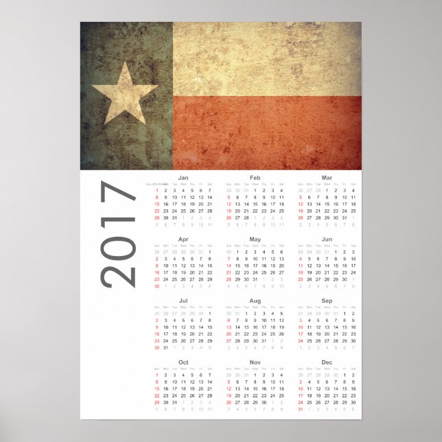 Poster du calendrier du drapeau Grunge Texas 2017 (Devant)