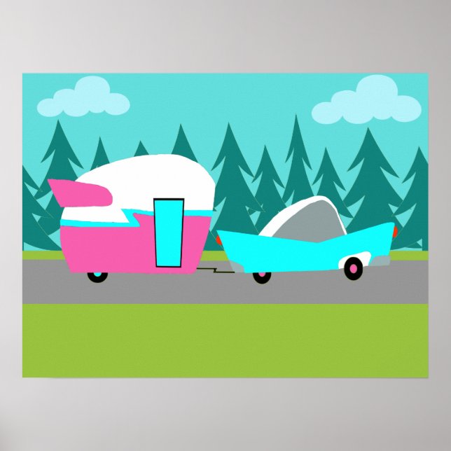 Poster du Camper Rétro / Remorque et voiture (Devant)